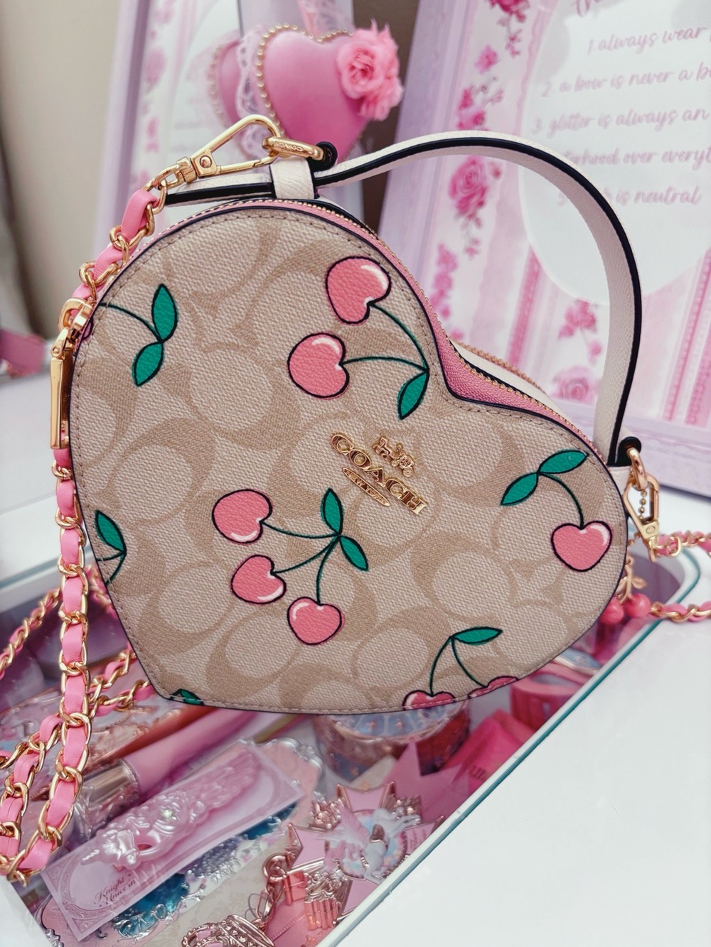 Coach Beige Signature Heart Crossbody with Pink Cherry Print - Picture 2 of 6